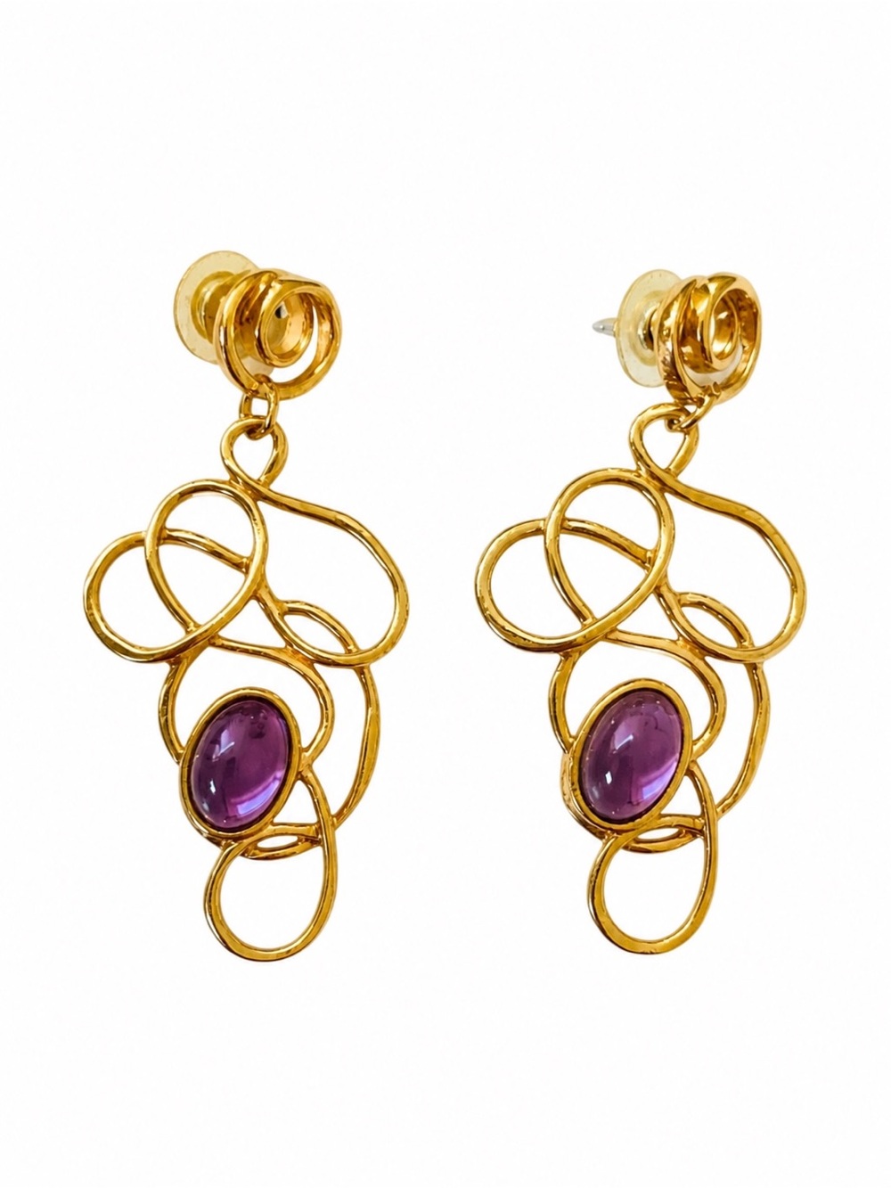 Gold-Tone Drop Earrings with Purple Cabochon Gemstones